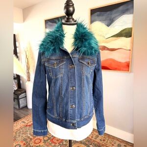 Max Jeans Blue Denim Jacket with Teal Faux Fur Collar